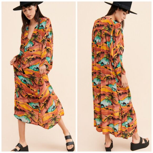 Anthropologie Chufy Oasis Desert Camel Oversized Boho Maxi Dress $550 Large - Picture 1 of 12